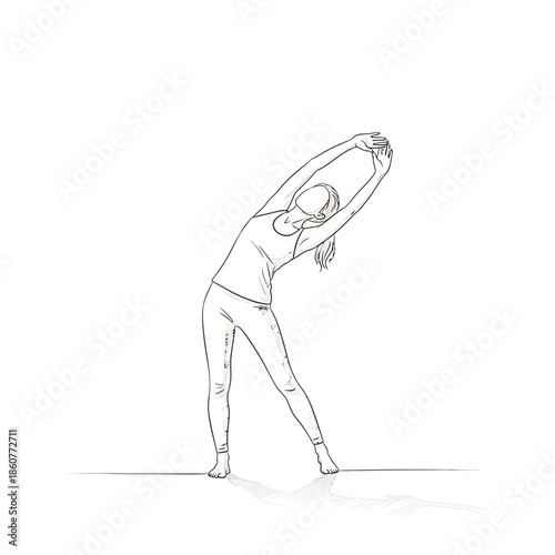 Woman stretching side body, yoga pose sketch illustration, fitness and wellness concept