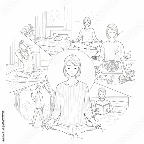 Woman's Daily Zen Routine: Meditation, Yoga, Healthy Food, Nature Walk, Reading