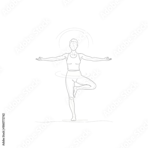 Minimalist line art of woman in yoga tree pose, balance and mindfulness concept