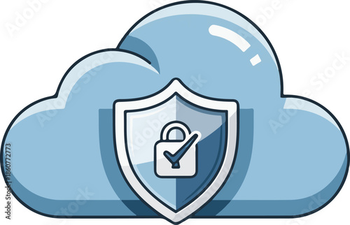 A polished vector illustration of a light blue cloud featuring a protective shield with a padlock and checkmark. It represents secure cloud computing, data privacy, and verified online storage.