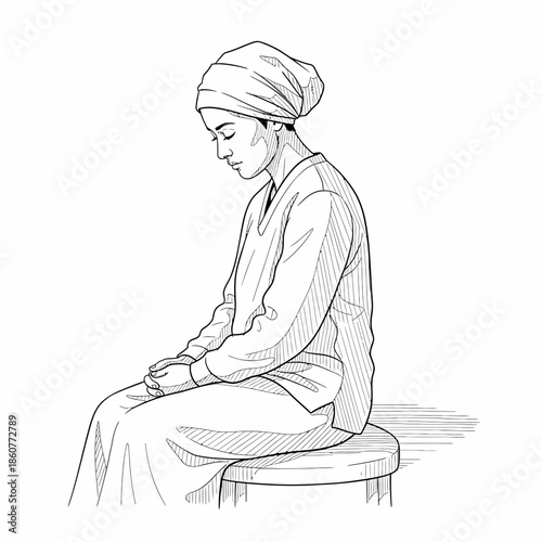 Woman in headscarf praying or meditating, sitting on stool, black and white illustration