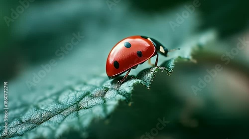 Macro Red Ladybug Walking on Green Leaf in Garden Video.