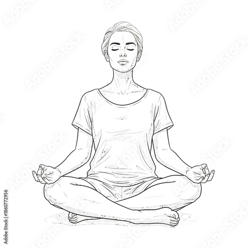 Woman meditating in lotus pose, sketch illustration, zen and peace