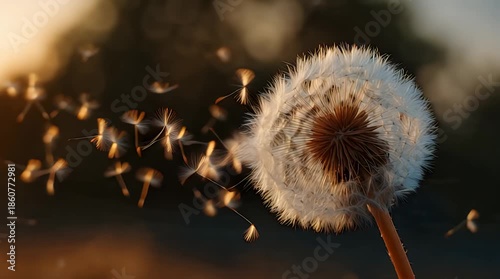 Close Up Dandelion Seeds Blowing in Wind Slow Motion Video.