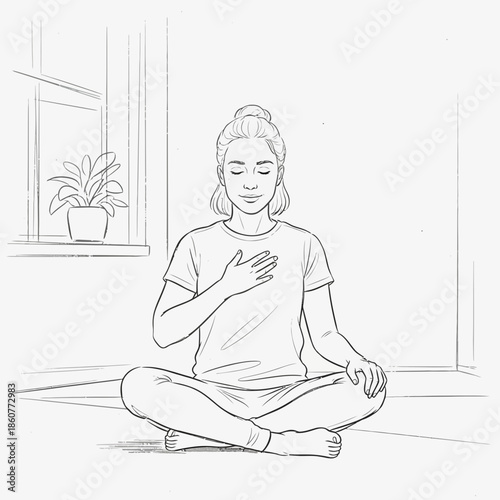 Woman Meditating Peaceful Mind Calm Breath Serene Yoga Pose Hand on Heart