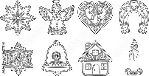 Christmas gingerbread cookies icon set, black and white line art vector illustration of holiday ornaments, angel, star, bell, and house on white background.