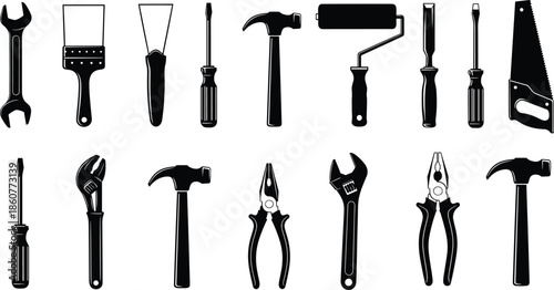 Hand tools and hardware icon set, black silhouette vector illustration of industrial repair equipment, carpentry instruments, and construction DIY icons on white background.