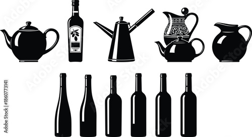 Kitchenware and bottle icon set, black silhouette vector illustration of ceramic teapots, olive oil, wine bottles, and water jugs on white background.