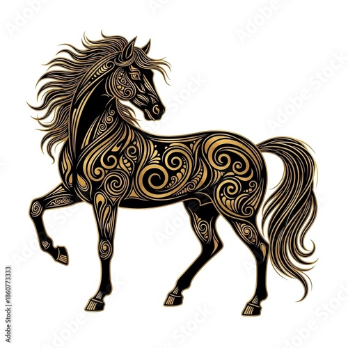 Elegant black horse with golden swirling patterns running freely