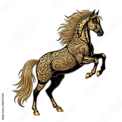 Majestic golden horse with intricate patterns rearing up