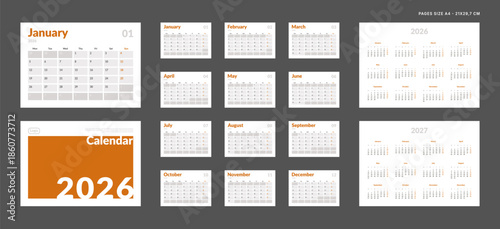 2026 Calendar Planner Set of Template grid Monthly Page, Cover with Place for Photo, Company Logo, Annual 2026, 2027. Vector layout of wall or desk organizer ready print. Week start Monday. Pages A4
