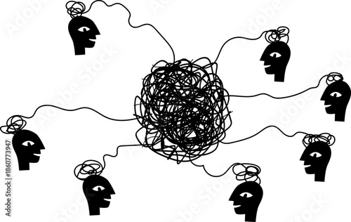 Scribble emotional concept with tangled lines. Chaotic scribble network highlights emotional tension, stress and disturbed connection between people, showing intense inner conflict and mental overload