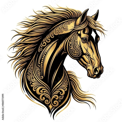 Majestic golden horse head with intricate tribal patterns and flowing mane