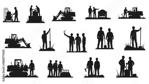 Construction Site Worker and Heavy Machinery Silhouette Vector Set - Professional Industrial Builder and Equipment Illustrations for Project Design.