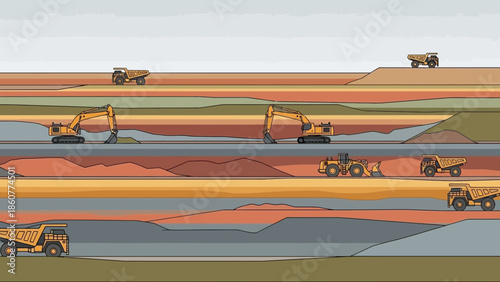 Open-Pit Mining Illustration Showing Multiple Layers of Excavation with Dump Trucks and Excavators for Mineral Extraction Concept.