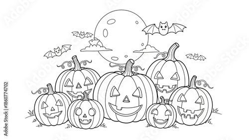 Happy Halloween Pumpkin Patch Line Art Coloring Page for Older Kids_transparent.svg