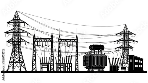 High Voltage Electrical Substation Silhouette with Transmission Towers and Power Lines for Energy Distribution and Industrial Power Supply Concept.