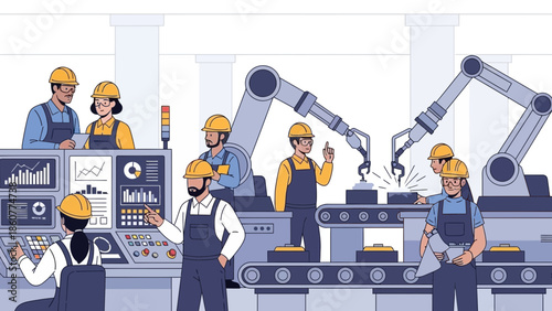 Modern Smart Factory Interior Illustration Featuring Workers Collaborating with Robotic Arms and Data Monitoring Control Panel for Industry 4.0.