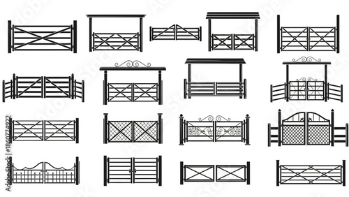 Diverse Collection of Metal and Wooden Gate Silhouette Icons for Farm Garden and Property Entrance Design