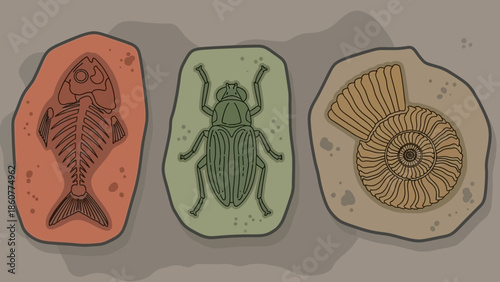 Illustration of Ancient Prehistoric Fossils Including Fish Skeleton Beetle and Ammonite Shell Embedded in Rock