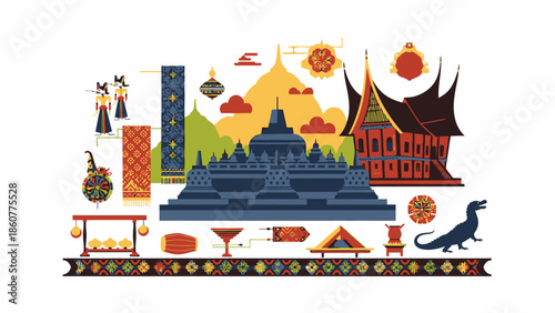 Collection of Indonesian Cultural Symbols and Landmarks, Pixel Art Style