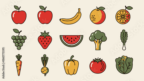 Colorful Flat Style Fruits and Vegetables Icons Set - Healthy Food Collection