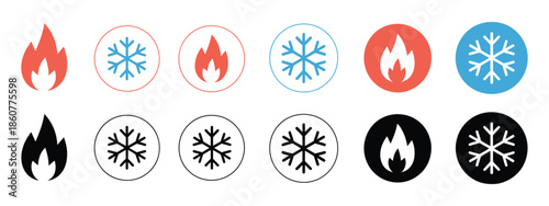 Flame and Snowflake Symbols in Red, Blue, Black, Solid and Outline Styles, Representing Heating and Cooling, Climate Indicators, HVAC Design, Weather Graphics, and Vector Illustration