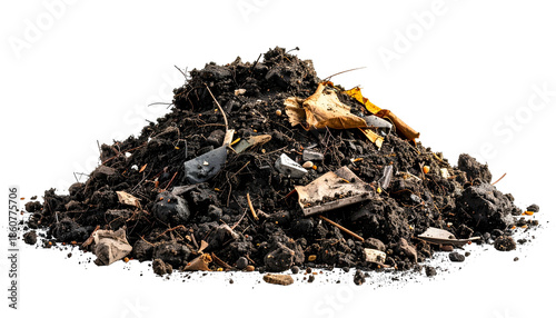 A dark mound of earth and scattered debris against a stark black backdrop