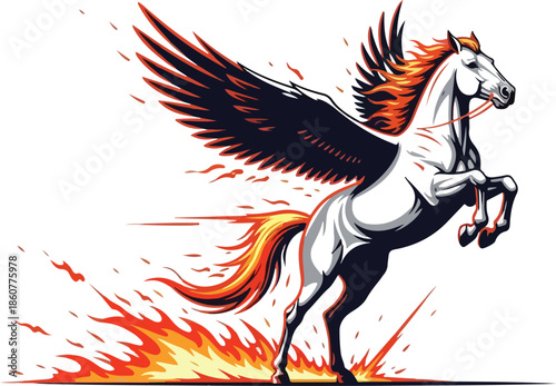 Pegasus Horse, Fire Mane, Wings Illustration, Fantasy Mythical Animal, lunar new year