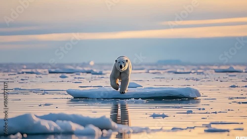 Majestic polar bear walking on floating ice floe in Arctic ocean during sunset