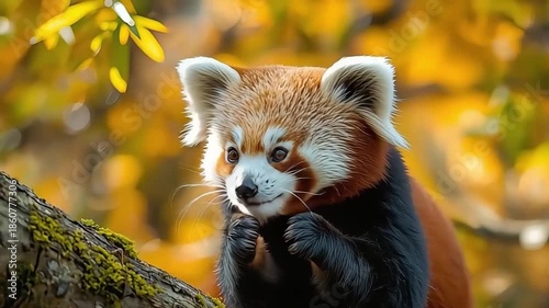 Cute red panda sitting on a tree branch looking adorable with autumn background