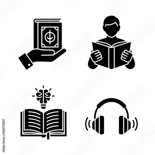 Collection of four icons representing education and learning concepts.