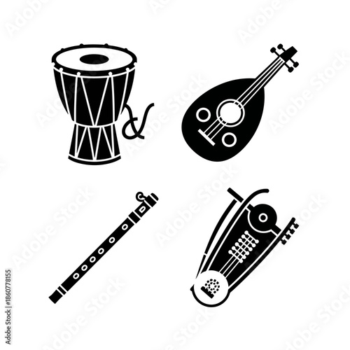 Collection of Four Traditional Musical Instruments Silhouette.