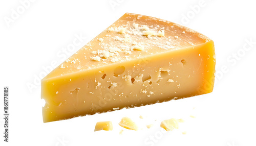 Slice of aged, yellow cheese with some flakes and holes against a solid black background