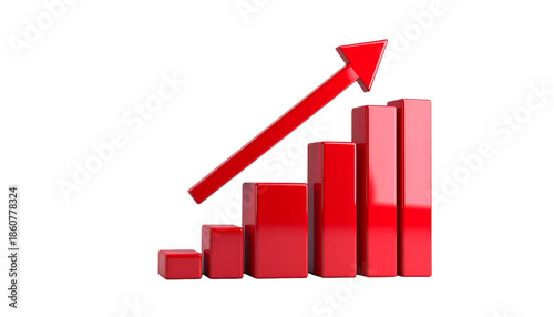 Red 3D bar graph with an upward arrow on a black background, representing growth