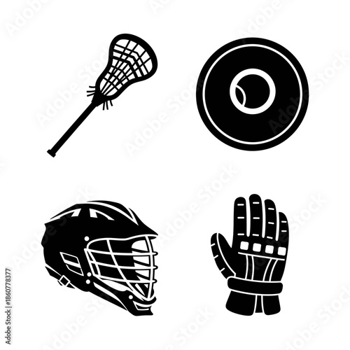 Lacrosse Equipment Set Black Silhouette Icons.