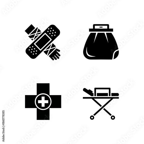 Medical Icons Set Featuring Bandage Ice Pack Cross and Stretcher.