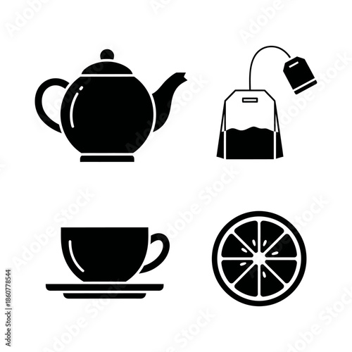 Set of four black icons representing tea and its accompaniments.