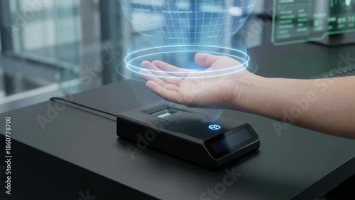 Wallet integration success finance transaction concept. Futuristic Hand Device Seamless Biometric Technology for Secure Finance Transactions