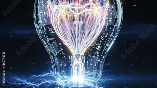 Futuristic Light Bulb with Electrical Energy and Digital Circuits.