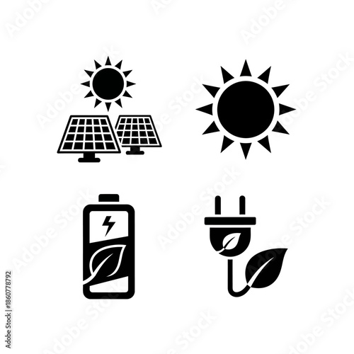 Set of four icons representing renewable energy sources and storage.