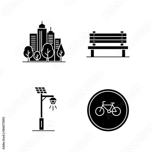 Set of icons representing urban sustainability and city life elements.
