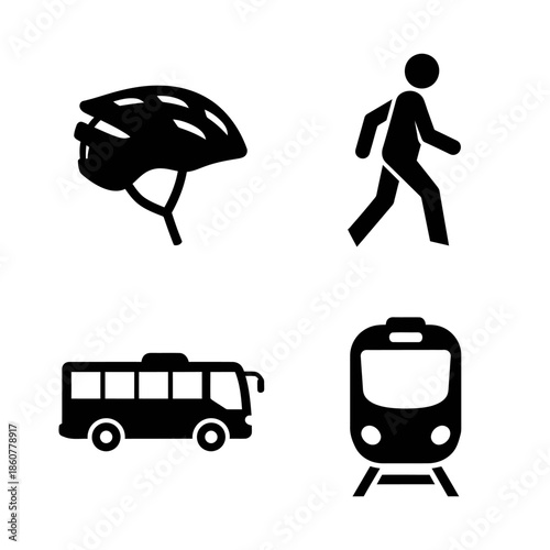 Set of icons representing different modes of transport and safety gear.