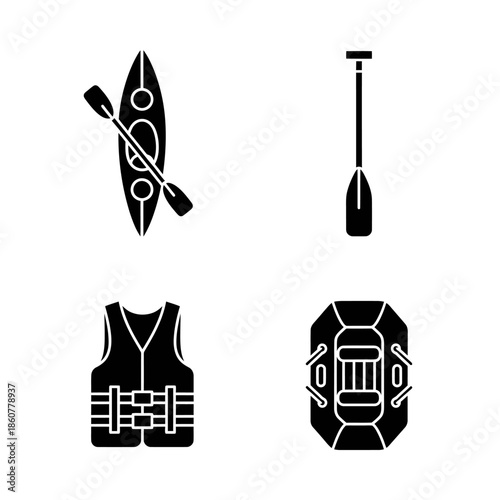 Set of water sports equipment icons including kayak raft life vest and paddle.