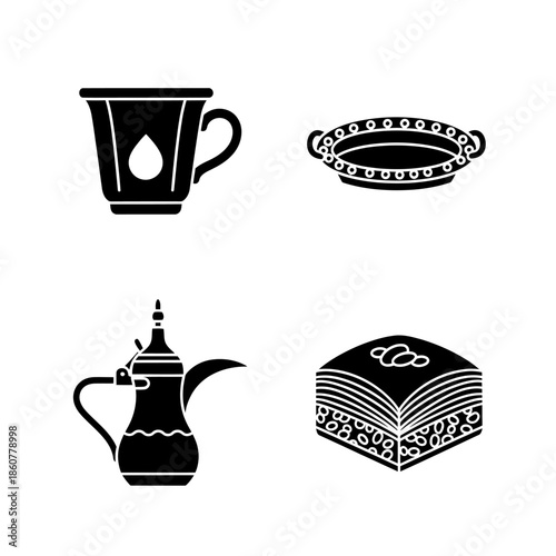 Traditional Middle Eastern Coffee Set and Baklava Dessert.