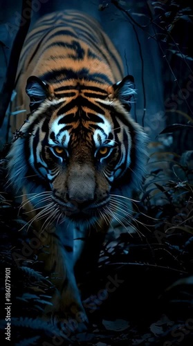 Majestic Tiger with Its Stripes and Eyes Glowing Dramatic Wildlife Portrait Generative AI