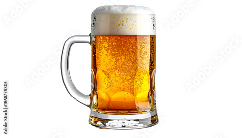 A frosted glass stein filled with golden ale and a foamy head against a black background