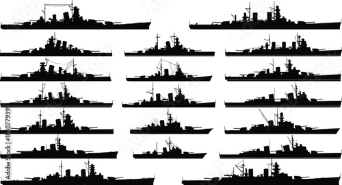 Naval warship silhouettes collection featuring battleships cruisers and destroyers, military fleet vector illustration set, black maritime warfare ships isolated on white
