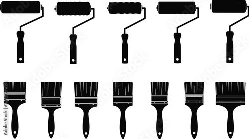 Paint roller and brush silhouettes vector set, house painting tools collection, black construction equipment icons, renovation illustration isolated on white background
