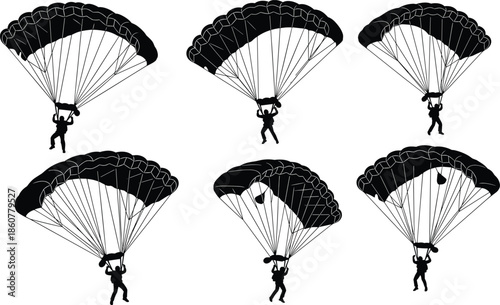 Paragliding silhouette collection, extreme sky sport parachute jumpers in midair descent poses, adventure recreation and aviation safety concept, black vector illustration set
